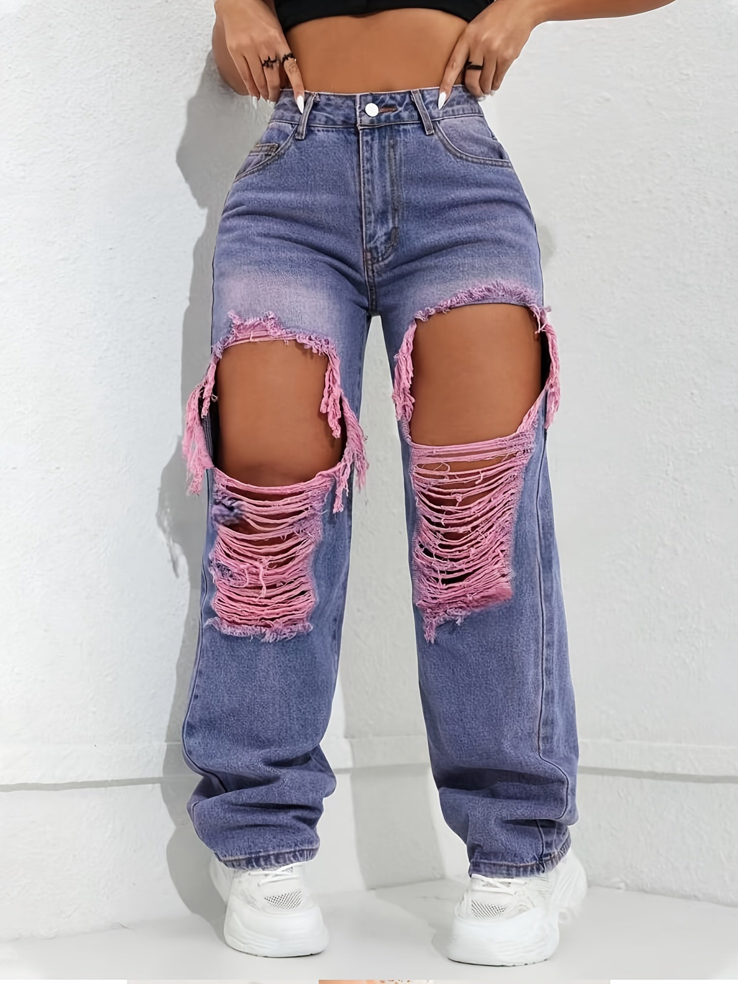 Women's Ripped Jeans - Wide Leg Casual Flared Pants, Butterfly Design, Stretch Fabric, Comfortable Fit, Suitable for All Seasons